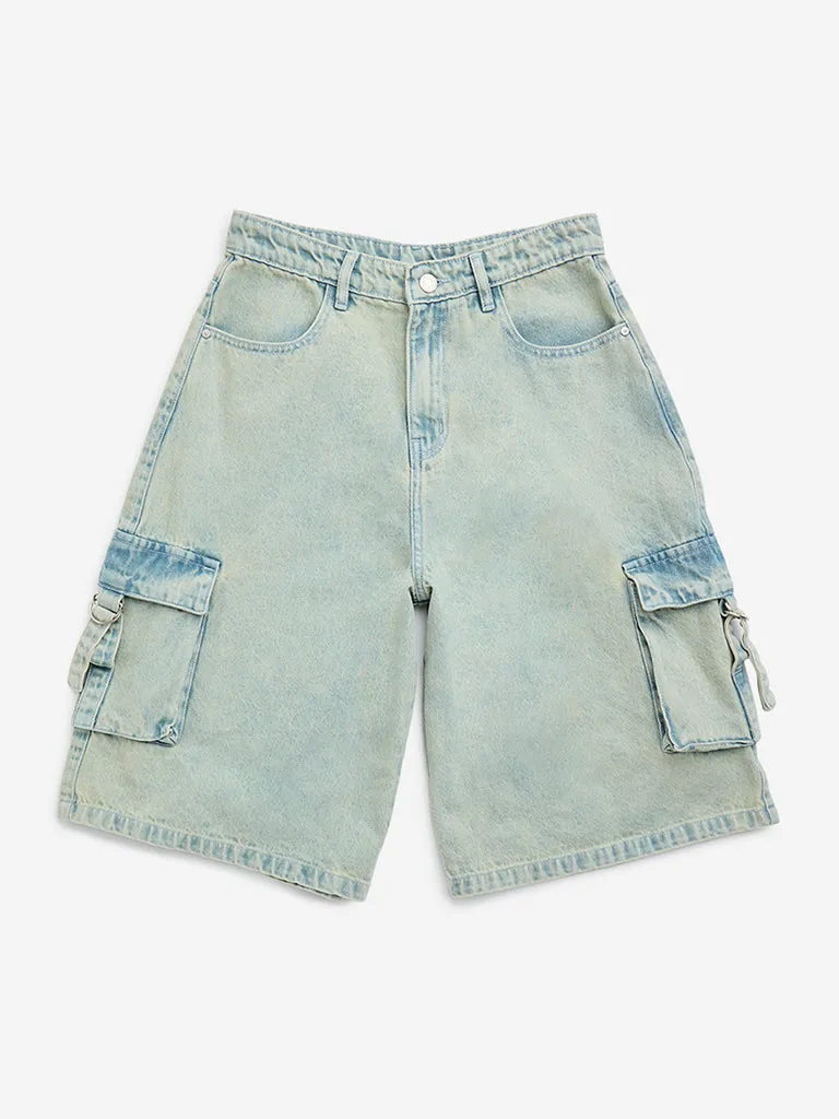 Buy Y&F Kids Light Blue Cargo-Style Denim Shorts from Westside