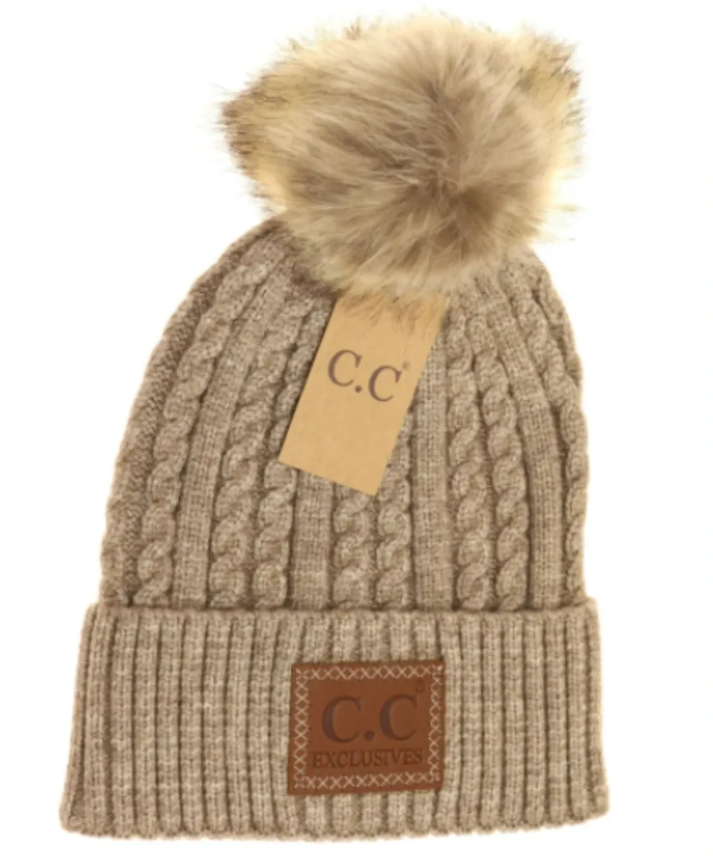 C.C Beanie Double Braided Knit Faux Fur Pom Beanie