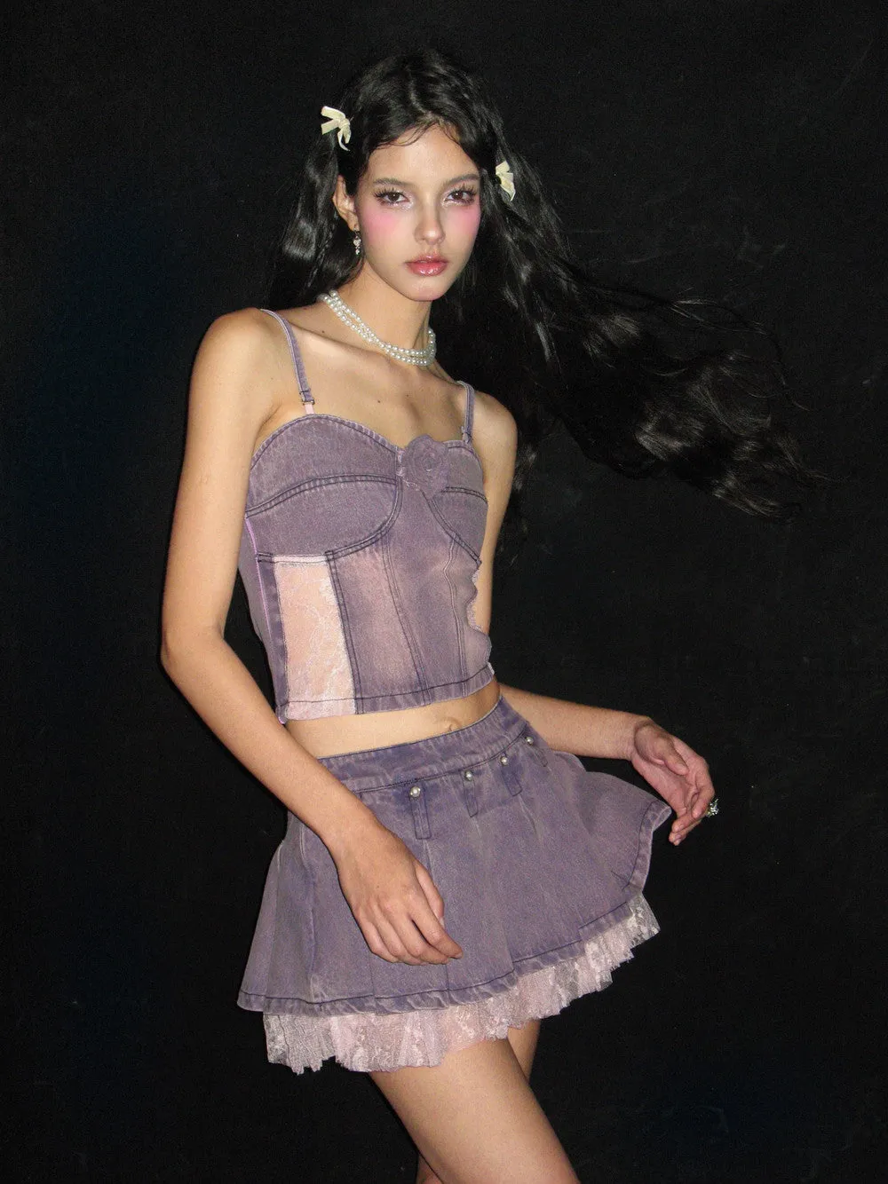 Color-Denim Feminine Lace Rose Tops&Mini-Skirt