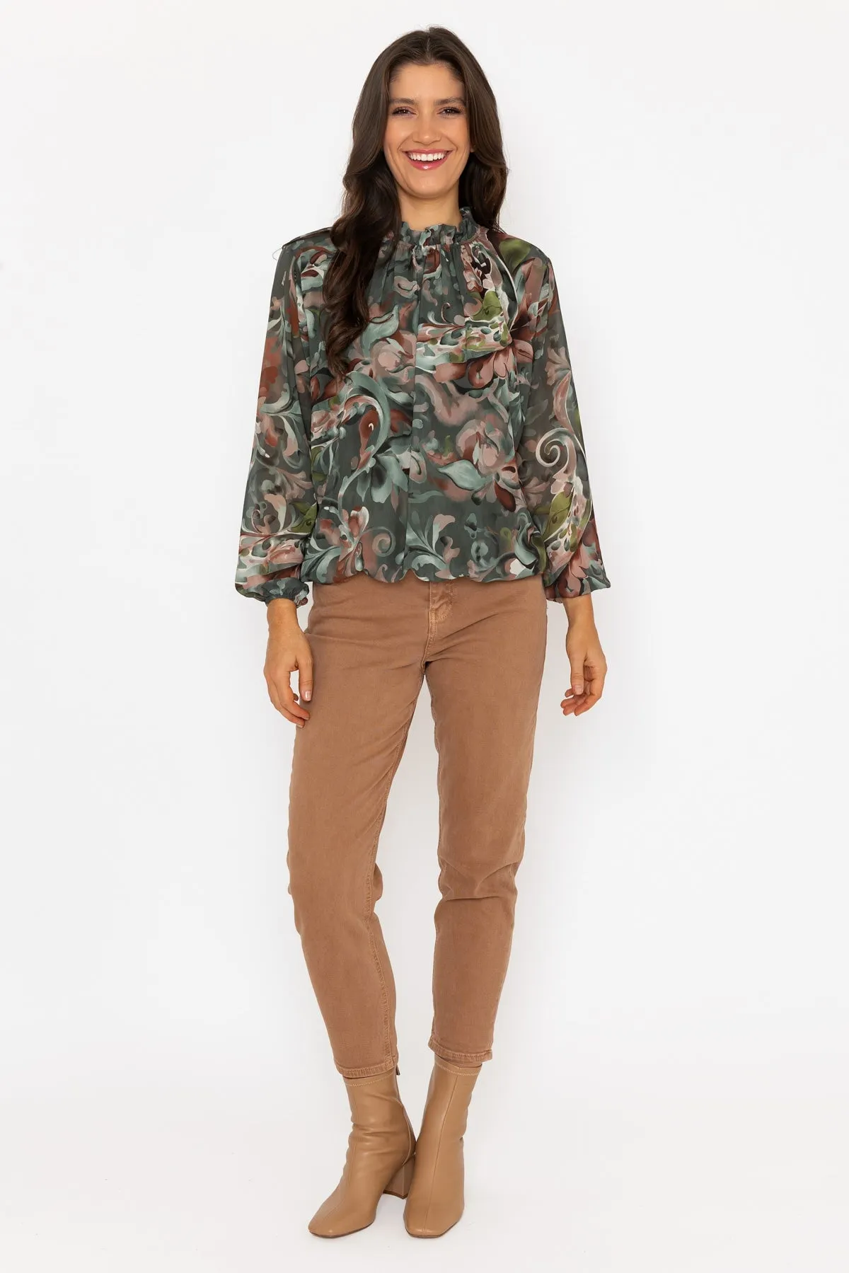 Khaki High Neck Printed Top