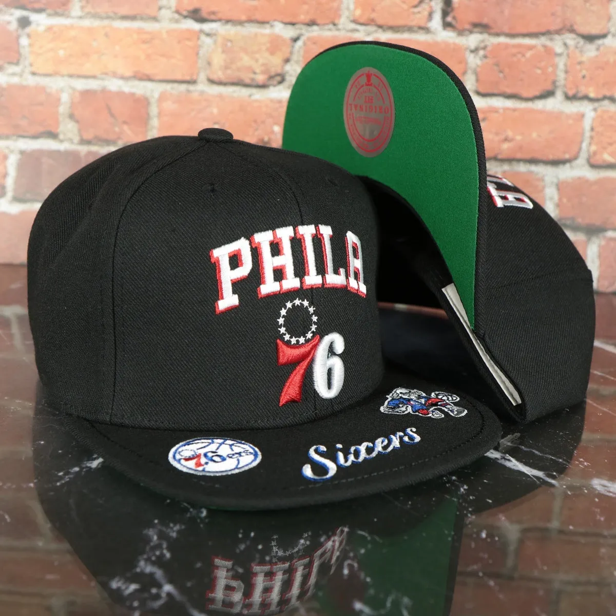 Philadelphia 76ers NBA Front Loaded Sixers script Green bottom Black Snapback Hat | Mitchell and Ness Snapback Cap