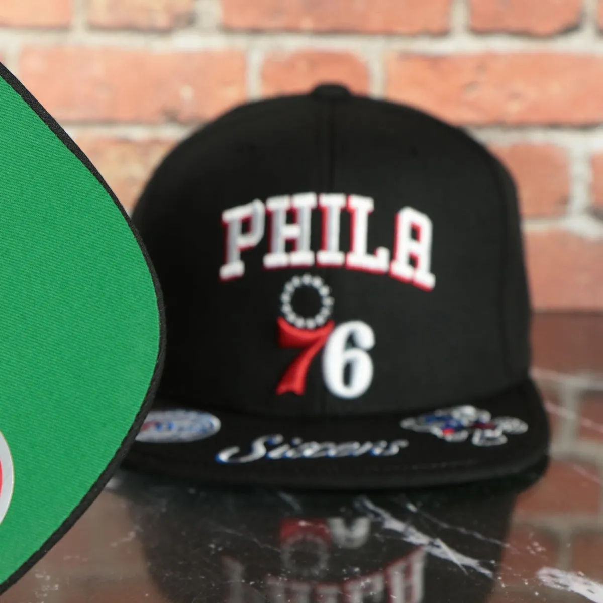 Philadelphia 76ers NBA Front Loaded Sixers script Green bottom Black Snapback Hat | Mitchell and Ness Snapback Cap