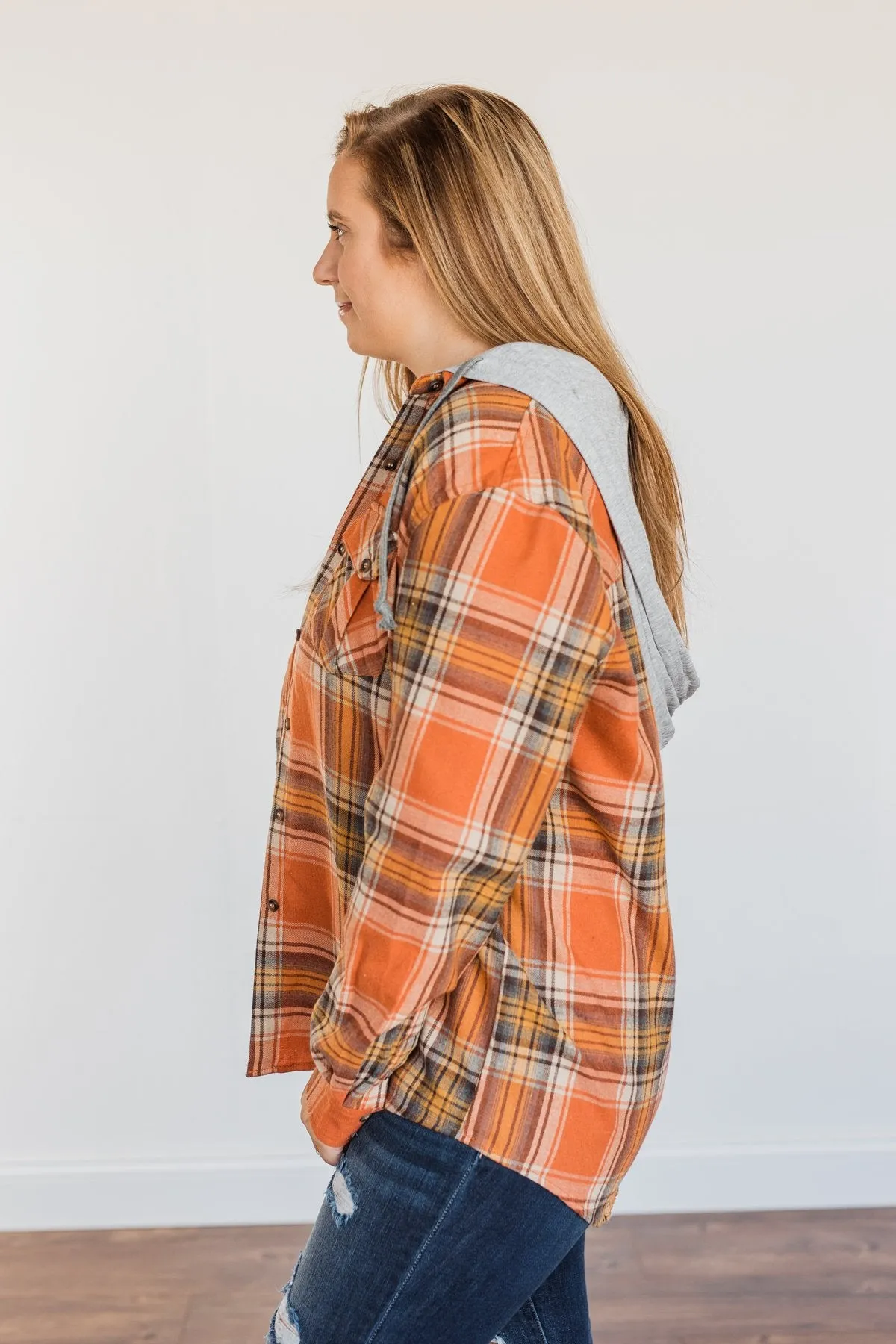 Pick Your Pumpkin Hooded Plaid Top- Burnt Orange, Navy, & Gold