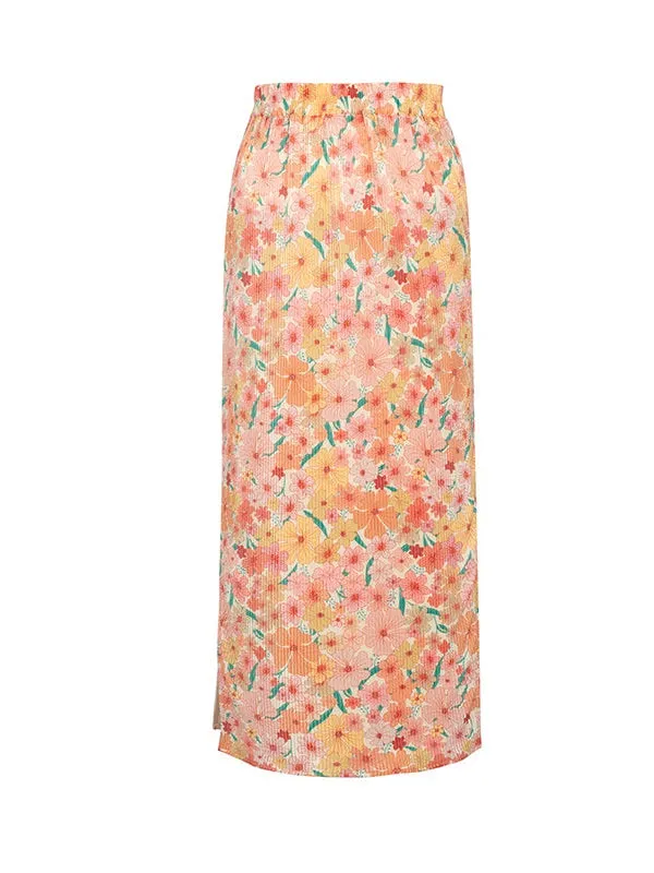 Pleated Retro Flower High Collar Sleeveless Top ＆ Long Skirt