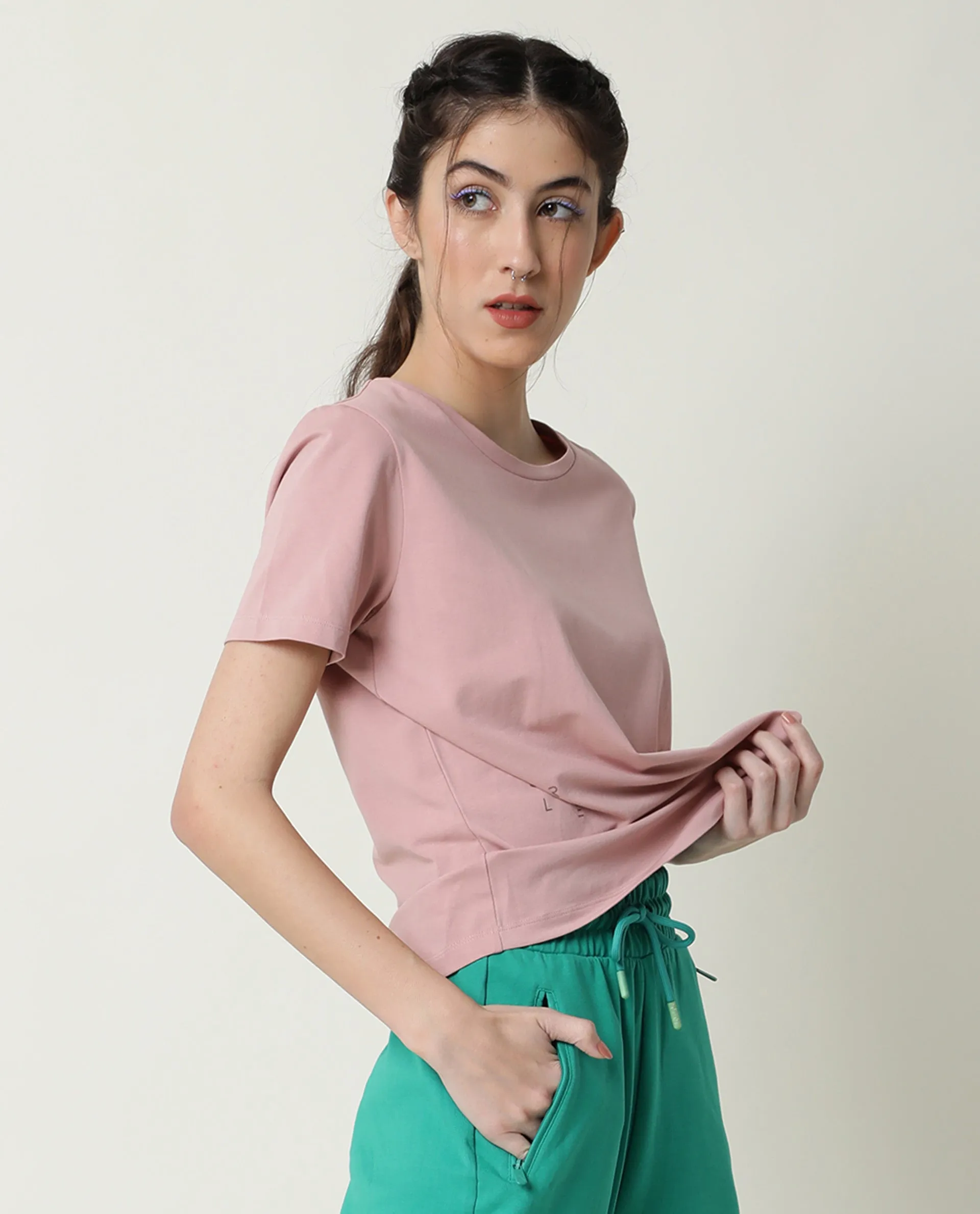 Rareism Women Alcas Dusky Pink Cotton Blend Fabric Regular Fit Half Sleeves Solid Round Neck T-Shirt