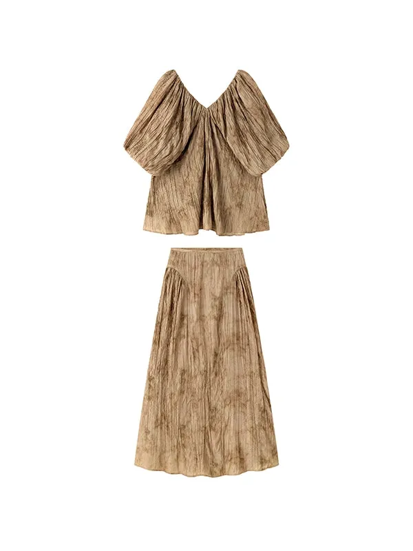 Retro Balloon-seeve V-neck Tie-dye Pleats Blouse＆Long-Skirt