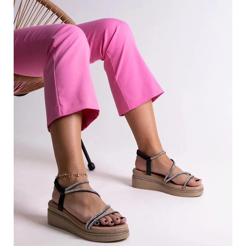 Shiny low wedge sandals with zircons from Hanifa black
