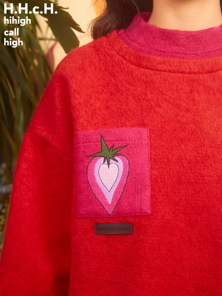 Strawberry Embroidery Fake Two-piece Knitted Top & Skirt